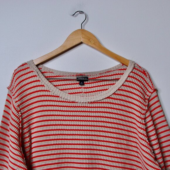 Torrid Crewneck Tee Top Striped Waffle Knit Long Sleeve Beige Tan Red Plus Sz 4X - Picture 5 of 14